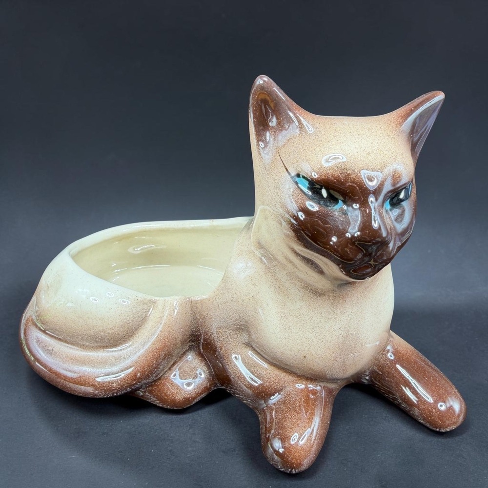 Vintage Siamese Cat Ceramic Planter Blue Eyes Mid Century Modern Figurine 9.5"